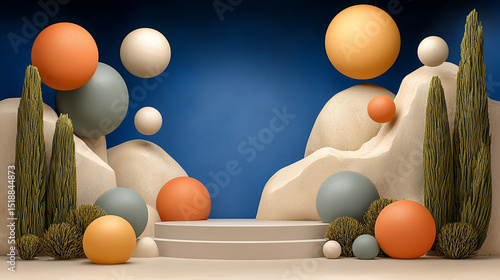 Abstract 3D Render Pastel Spheres and Textured Organic Forms on Deep Blue Background