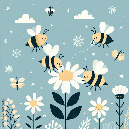 vector illustration of a bee sucking flower nectar