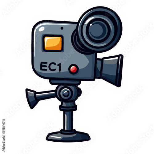 Illustration of a cartoon camera on a stand ready to record videos or content