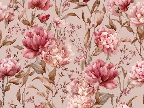 A seamless pattern of abstract dusty pink peonies and wild flowers painted in watercolor. A floral wallpaper pattern in watercolor. A botanical pattern painted in watercolor for wedding invitations