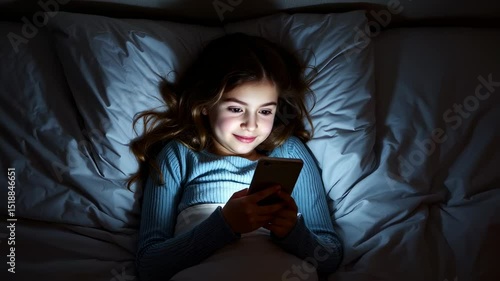 Wallpaper Mural Young girl using smartphone in bed at night illuminated by the screen Torontodigital.ca