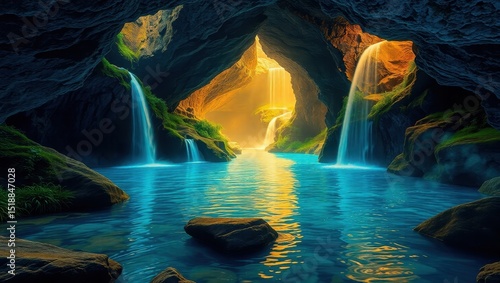 Mystical waterfalls flow into a tranquil cave lake below