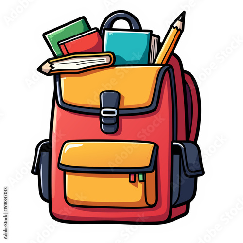 Cartoon illustration of a school backpack filled with books and pencils on black background