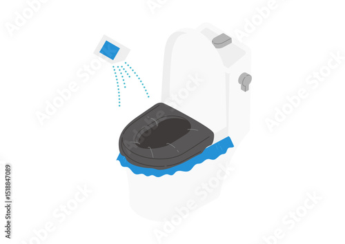 凝固剤を振りかけている簡易トイレのイラスト