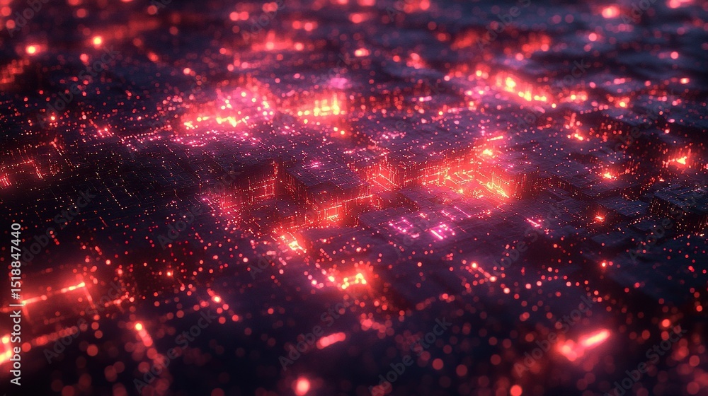 Red digital city glowing, dark background, futuristic tech Red digital city glowing, dark background, futuristic tech