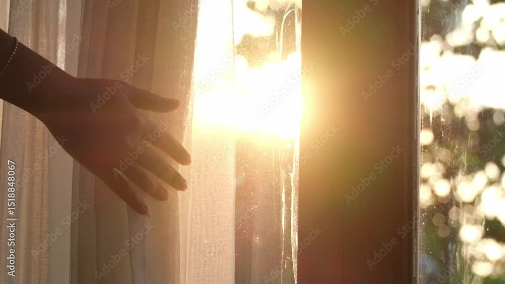 woman's hand She opened the curtains on the window. There was morning light through the window in her room, looking at the view of the mountains and trees as the sun rose.