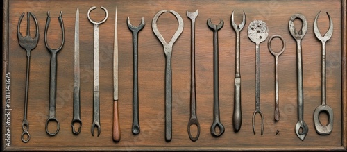 Antique veterinary instruments on a wooden background displaying surgical tools