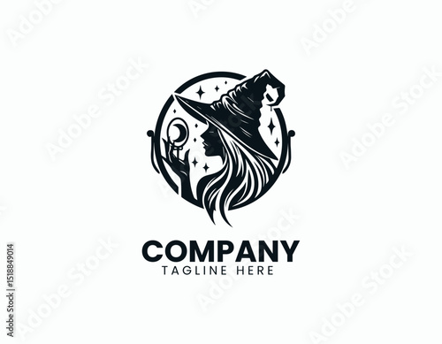 Mystical Witch Woman with Crystal Mirror Enchanting Magic Vector Logo Design
