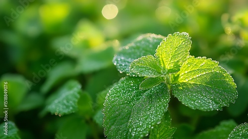 Close-up view of fresh mint leaves covered in morning dew.