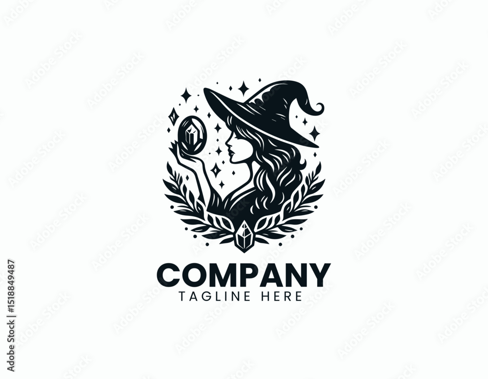 Fototapeta premium Mystical Witch Woman with Crystal Mirror Enchanting Magic Vector Logo Design