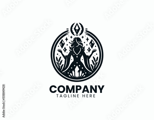 Mystical Witch Woman with Crystal Mirror Enchanting Magic Vector Logo Design