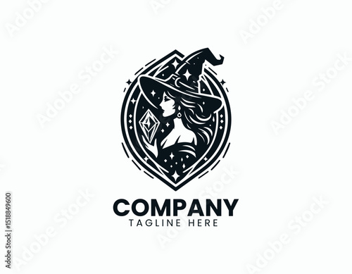 Mystical Witch Woman with Crystal Mirror Enchanting Magic Vector Logo Design