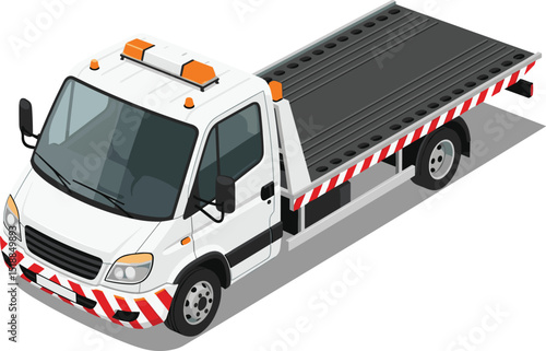 Isometric illustration of a white flatbed tow truck with striped safety markings, isolated on white background for transportation and roadside assistance concepts