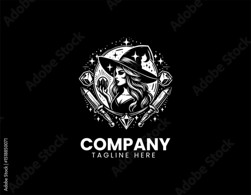 Mystical Witch Woman with Crystal Mirror Enchanting Magic Vector Logo Design