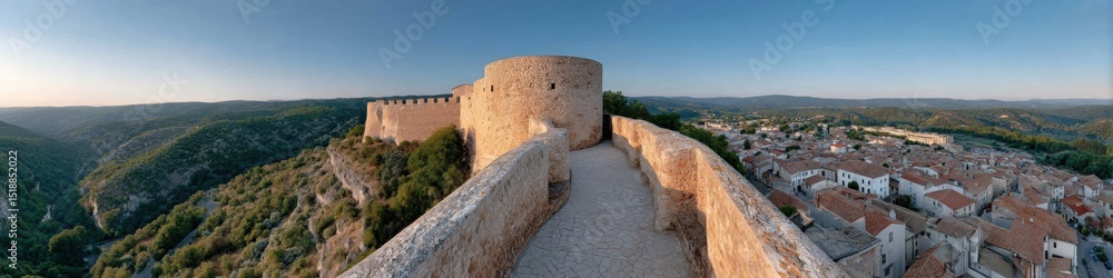 Fototapeta premium Majestic Medieval Circular Watchtower and Fortification Walls in Jesi with Cobblestone Pathway - Cultural Heritage and Community Resilience in Historic Urban Landscape