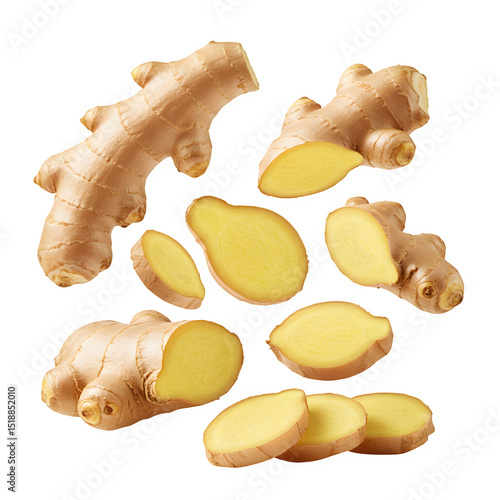 Flying ginger root with sliced halves, isolated on white or transparent background. Perfect for food, health, herbal, and organic-themed designs. High-resolution PNG.