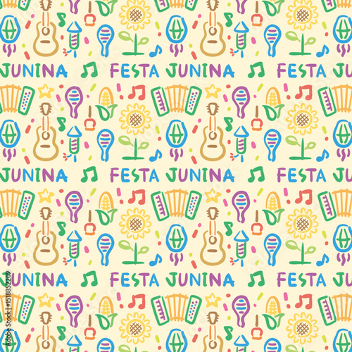 Background and banner decorated with pattern of Festa Junina. Square version. Hand drawn illustration line style.