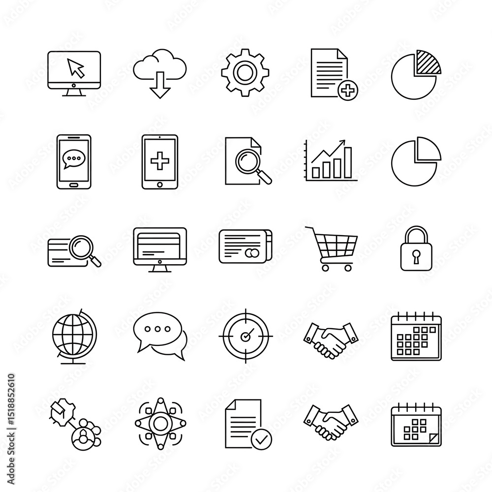 Modern minimalist line art icon set for business technology and communication featuring digital devices data analysis and collaboration Modern minimalist line art icon set for business technology and communication featuring digital devices data analysis and collaboration
