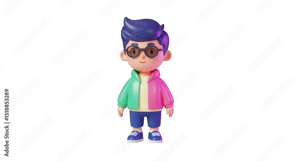 Fototapeta premium Cartoon boy with glasses 3d render model character design illustration art for animation and games asset image png on transparent background