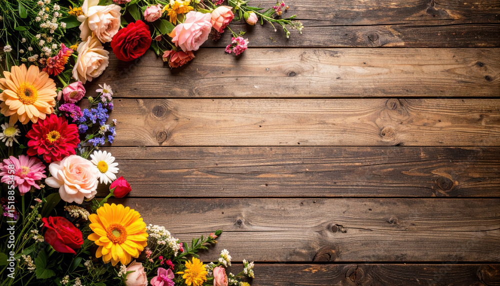 Fototapeta premium Colorful bouquet of fresh flowers arranged in the corner on rustic wooden background with empty space, perfect for seasonal greeting card, wedding invitation or spring banner design