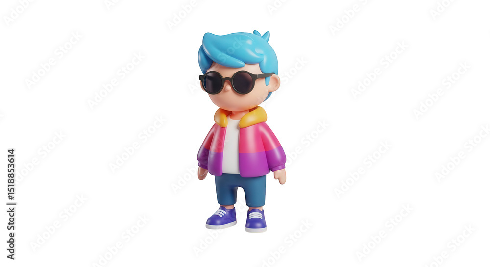 Cartoon character with blue hair and sunglasses in a jacket standing on a black background render image png on transparent background Cartoon character with blue hair and sunglasses in a jacket standing on a black background render image png on transparent background