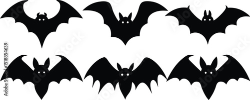 Halloween bat and bats vector, Set of black flat bat silhouettes. Bat silhouettes set. Vector illustration