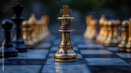 A close up of a chess board with a gold king in focus and other pieces in the background blur