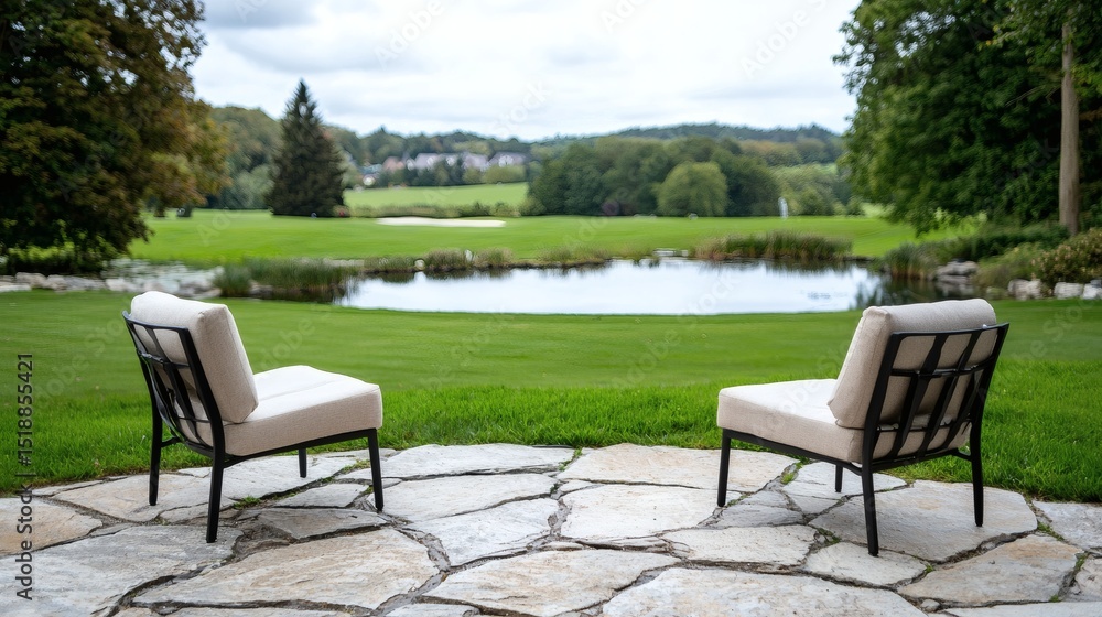 Relaxing Chairs Overlooking Scenic Golf Course View Relaxing Chairs Overlooking Scenic Golf Course View