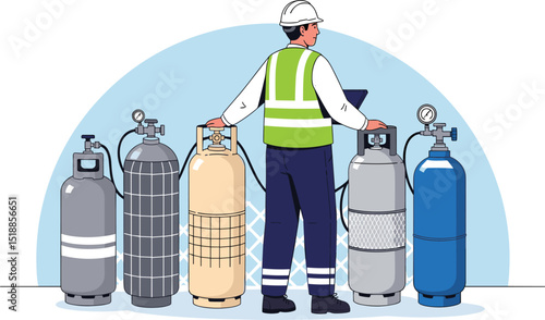 Industrial engineer inspecting gas cylinder system with checklist at factory facility for safety and maintenance control isometric cartoon