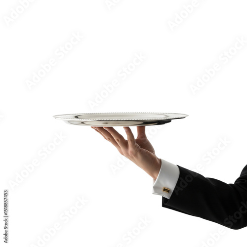 A person in formal attire, likely a waiter or server, holding up an empty silver platter. The hand is extended from the right side of the frame, holding the platter flat.