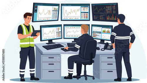 data center control room engineering team monitoring real-time server performance and system analytics in a high-tech flat cartoon