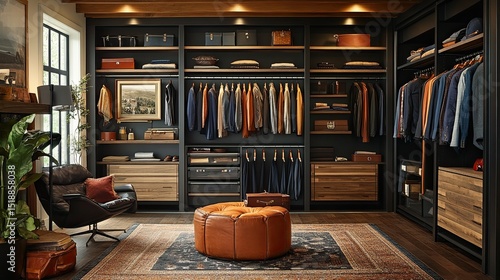 A walk in closet with dark shelves and a leather chair and ottoman in a well decorated space