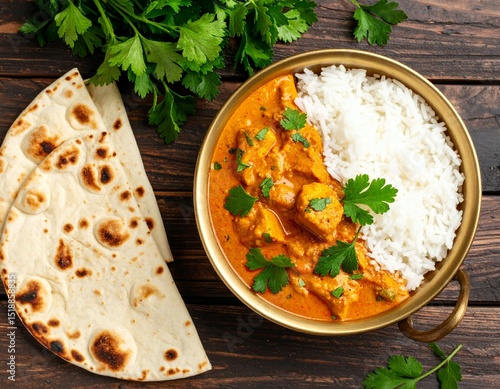 A top view of chicken tikka masala with rice and naan bread on a dark wooden surface with garnish