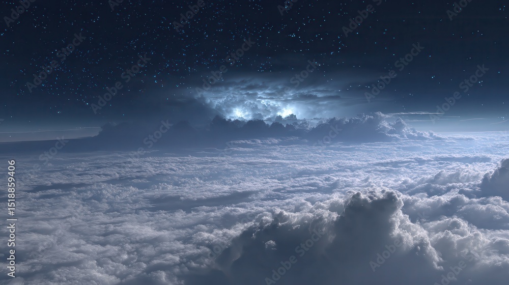 Obraz premium new high-altitude scene, anvil cloud top in the lower part of the frame, richly detailed, its surface illuminated by softer, irregular, diffuse cool-toned glows emanating from.