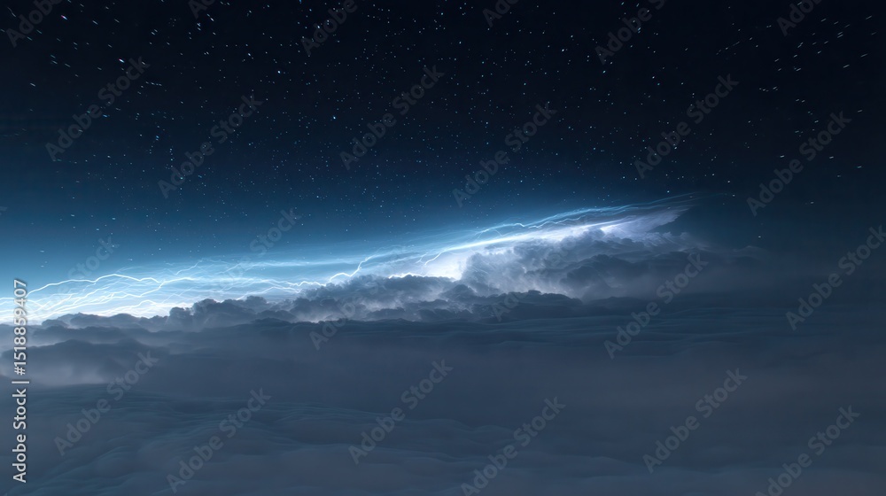Fototapeta premium new high-altitude scene, anvil cloud top in the lower part of the frame, richly detailed, its surface illuminated by softer, irregular, diffuse cool-toned glows emanating from.