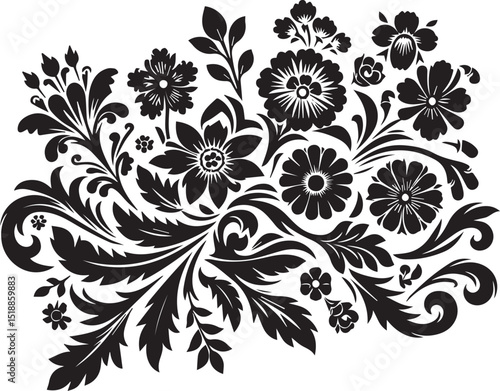 Intricate black and white floral ornament. Detailed design for polish folk art and decorative motifs. Suitable for elegant patterns and artistic elements.