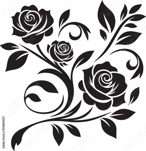 Silhouette rose stencil printable design. Elegant floral illustration with multiple roses and leaves. Ideal for decorative art and craft projects.