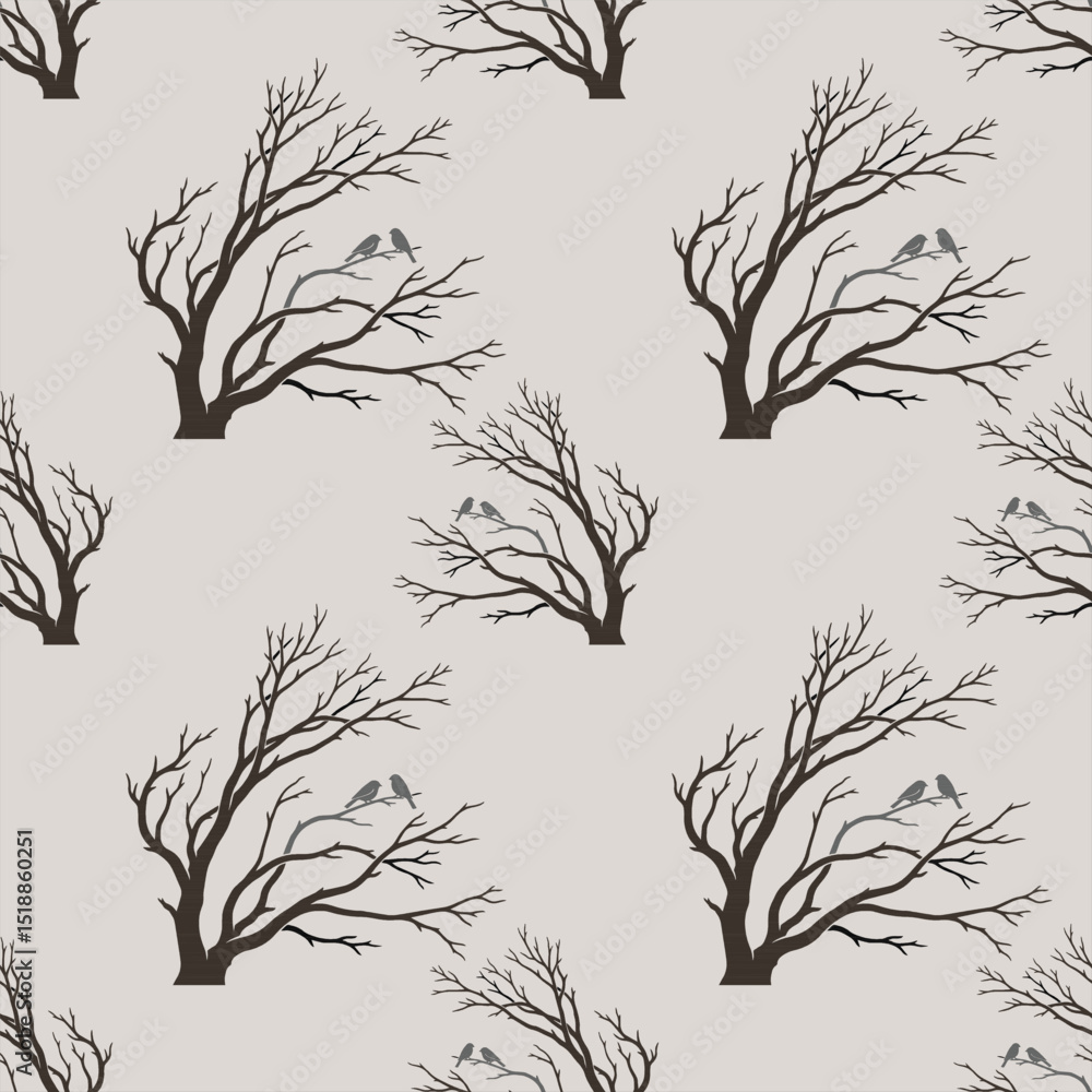 Naklejka premium A seamless wallpaper with dry branch patterns represents a deciduous leaf. There are two birds, a vector pattern