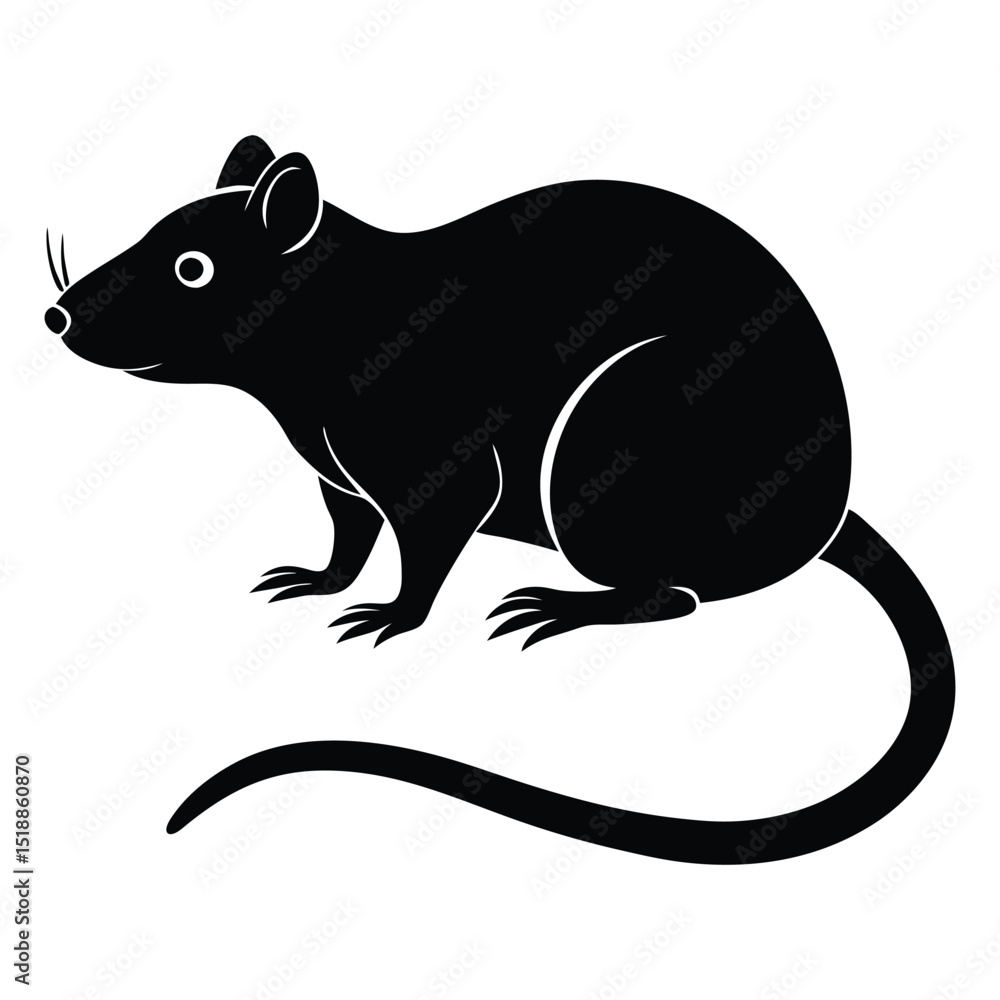Obraz premium A simple, solid black rat silhouette with a curved tail, rounded ears, and a small pointed snout, capturing the sleek, cautious posture of the rodent. 