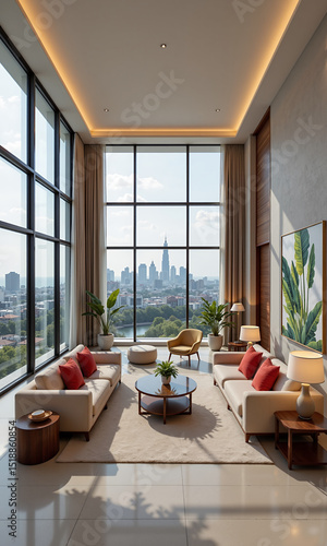 Luxury city apartment living room with skyline view and modern decor