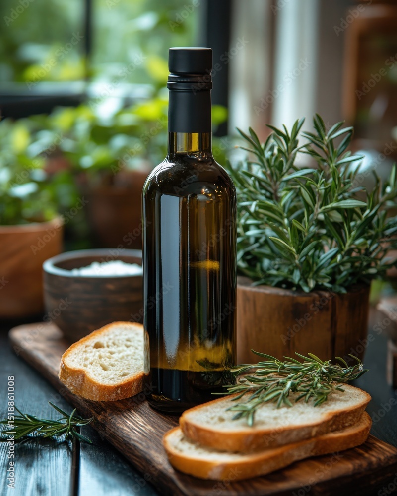 Naklejka premium Gourmet Olive Oil Bottle with Rosemary and Crusty Bread on Wooden Board