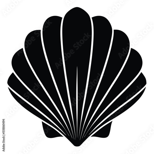 Silhouette of a scallop seashell, showcasing its iconic fan shape with radiating ridges—commonly linked to mollusks and ocean life, simple yet elegant design.
