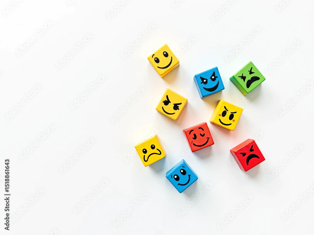 Obraz premium Colorful Cubes with Cartoon Facial Expressions Showing Emotions Like Happy, Sad, Angry, and Surprised on White Background for Emotional Learning, Kids Education, Therapy, and Creative Development Them