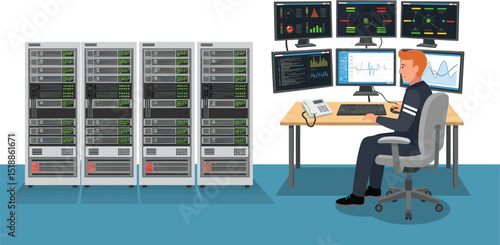 IT specialist monitoring server racks and analyzing system performance dashboards in a modern flat cartoon data center control room blue sky color tone