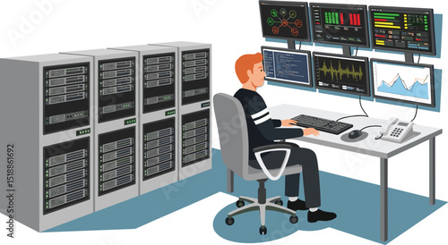 IT specialist monitoring server racks and analyzing system performance dashboards in a modern flat cartoon data center control room blue sky color tone