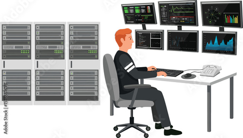 IT specialist monitoring server racks and analyzing system performance dashboards in a modern flat cartoon data center control room blue sky color tone