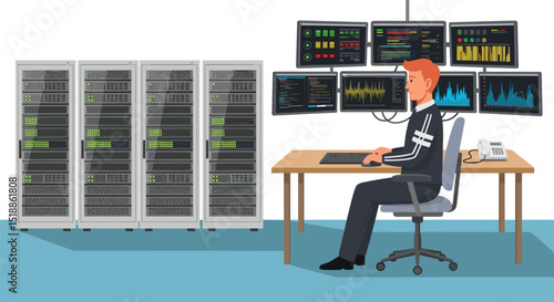 IT specialist monitoring server racks and analyzing system performance dashboards in a modern flat cartoon data center control room blue sky color tone