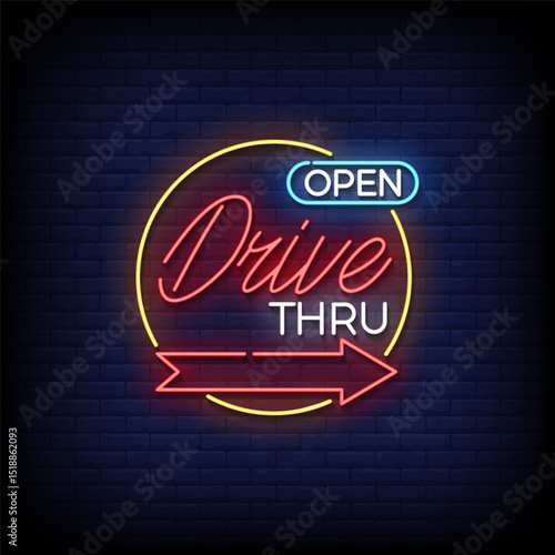 drive thru neon sign with brick wall background vector