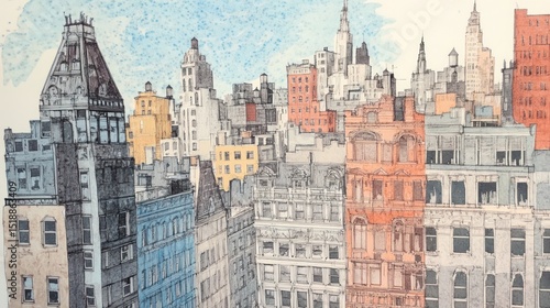Cityscape Watercolor: An Aerial View of New York City's Architectural Marvels
