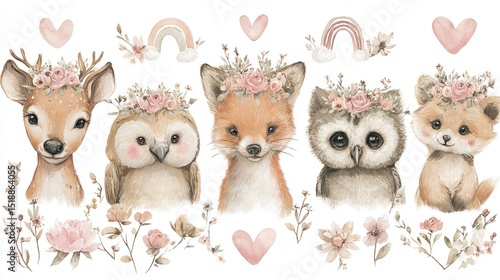Fototapeta Naklejka Na Ścianę i Meble -  Hand-drawn woodland baby animals with flower crowns and rainbows, includes deer, fox, squirrel, and owl, soft boho tones, surrounded by floral elements and hearts, ideal for nursery wall art.